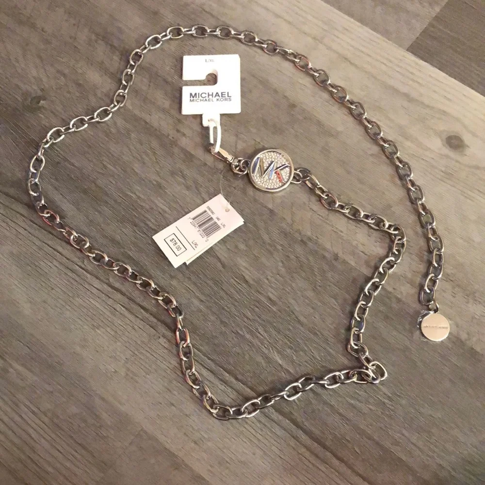 Michael Kors Silver Tone Chain Link Belt With Round Pave MK Logo Size L/XL NWT - Picture 11 of 12